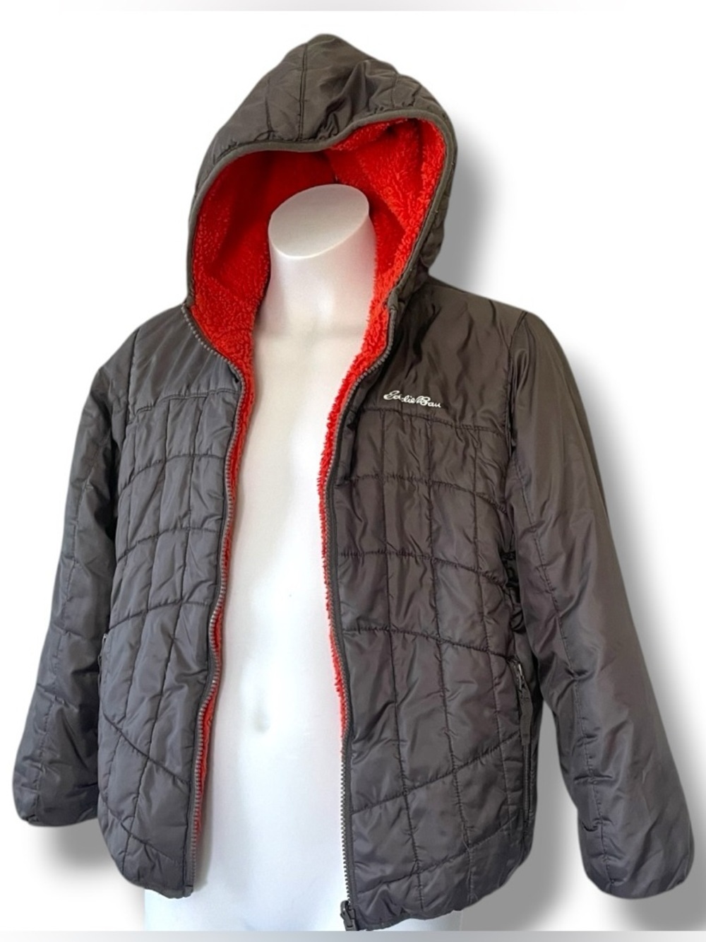 Eddie Bauer Reversible Jacket Kids S 7/8 Gray Puffer Orange Sherpa Hooded Coat - Picture 2 of 12